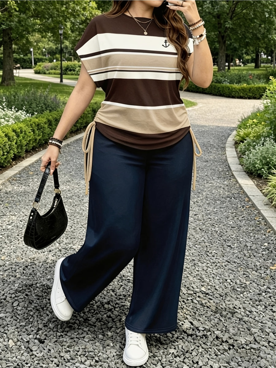 Ladies Two-Piece Set - Casual Minimalist Vacation Style Two-Piece Set - Red And Blue Stripe Design, Suitable for Summer And Autumn Transition Wear, Bow Side Drawstring - Mix color 5