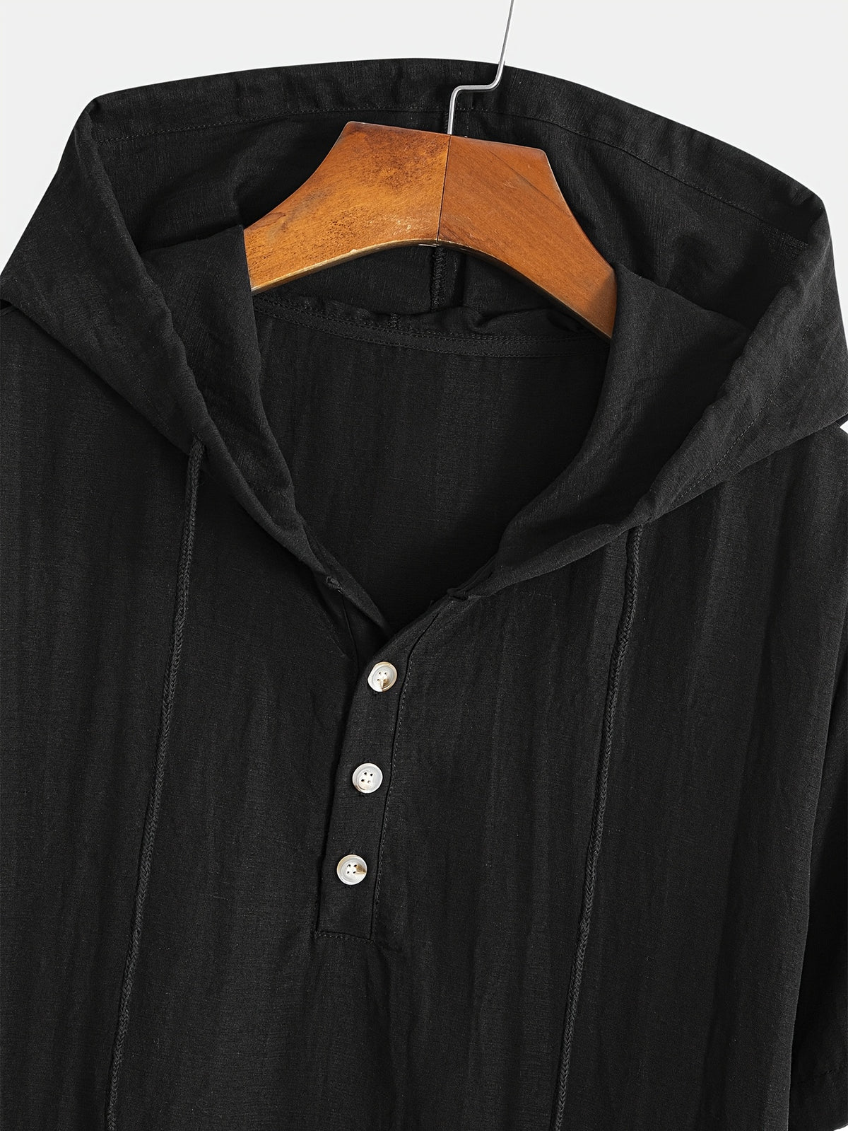 Men'S Linen-Look Hooded Henley Shirt, Short Sleeve Button- Casual Summer Beach Tops with Hood for Men - Black