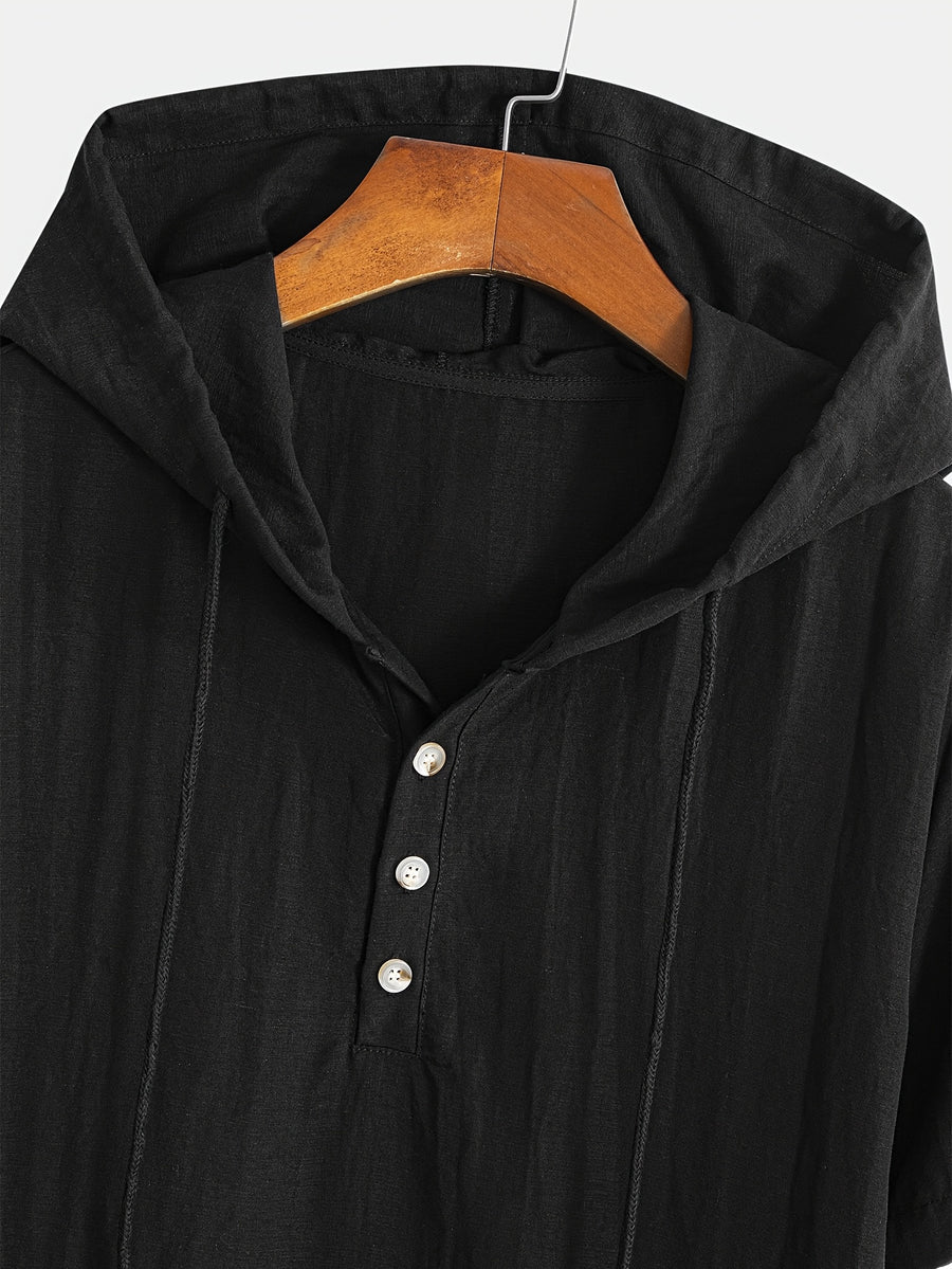 Men'S Linen-Look Hooded Henley Shirt, Short Sleeve Button- Casual Summer Beach Tops with Hood for Men - Black