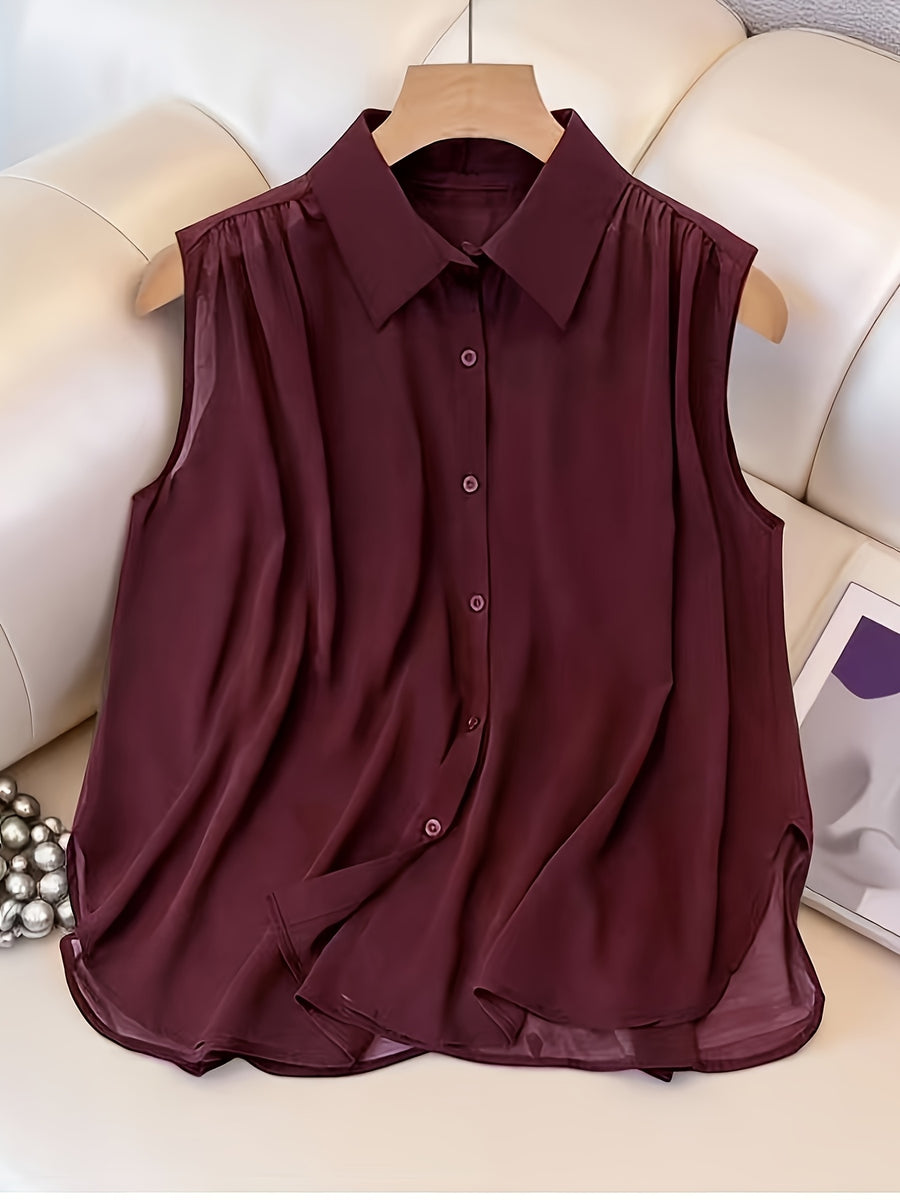 GlowEve Coffee Sleeveless Pleated Chiffon Casual Loose Fit Top for Women - Burgundy