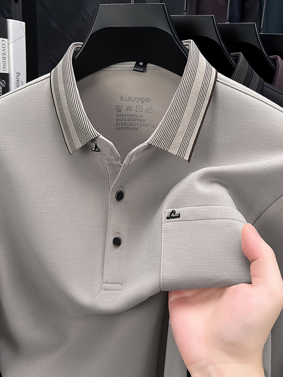 Men's Multi-Color Contrast Lapel Long-Sleeve Polo Shirt, Business Pullover Top with Real Pockets, Skin-Friendly and Breathable, Suitable for Business Commuting, Business Trips, Parties, Daily Home Wear, and Casual Base Layers - Khaki