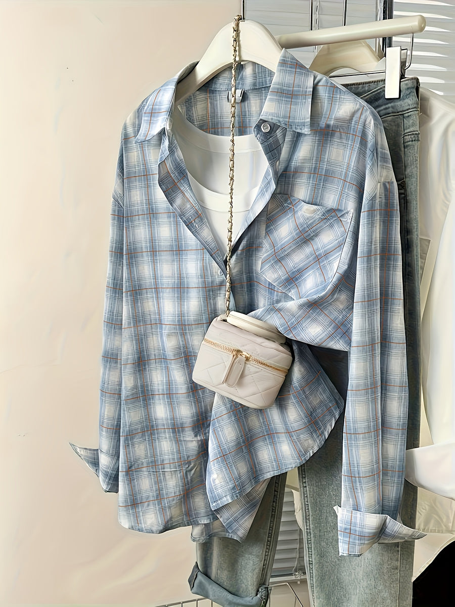 Vintage Blue Checkered, High-Quality Loose And Stylish Casual Design Women'S Long-Sleeve Shirt for Autumn - Bright Steel Blue