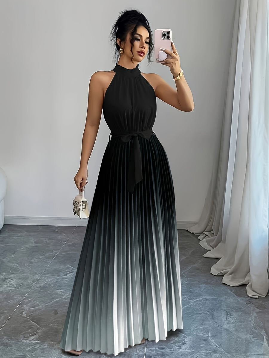 Elegant Romantic Ruffled Neckline And Waist Tie A-Line Pleated Gradient Maxi Dress - Deep Grey