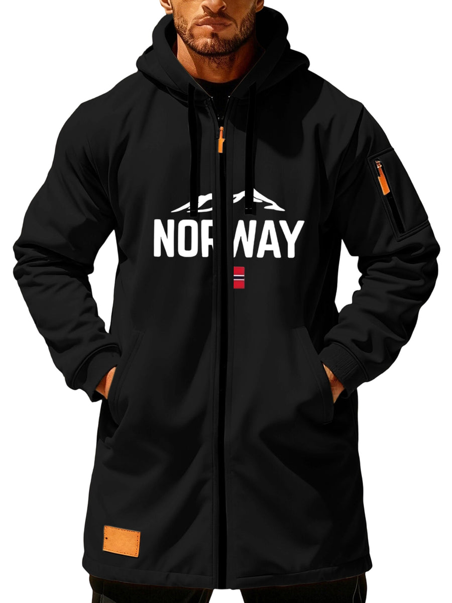 Men'S Long Hooded Trench Coat with Full Zipper, Featuring NORWAY Themed Letters, Mountain And Flag Prints, Side Arm Zip Pockets, And a Leather Label at The Hem - Black