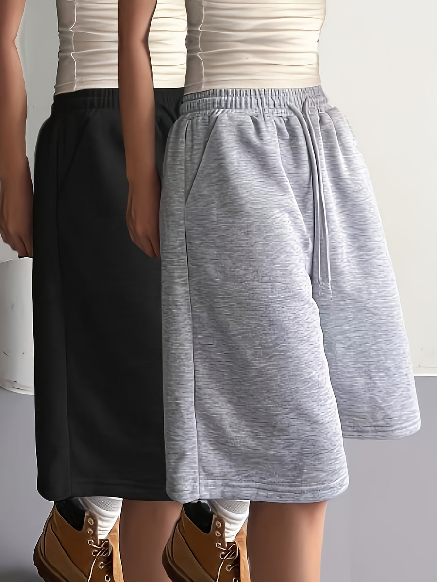 Two-Pack Loose Fit Simple Basic High-Waist Drawstring Casual Y Style Women's Capri Sweatpants - Black+gray