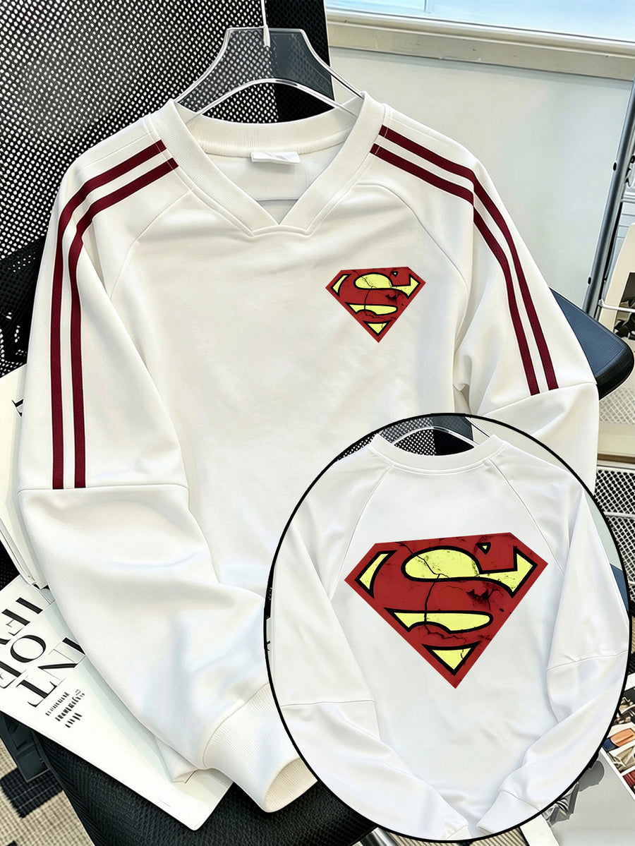 WB Warner Bros Officially Licensed Superman Retro Cracked 'S' Logo Hoodie - Men's & Women's V-Neck Pullover with Superman Vintage Print, Loose Fit, Machine Washable, Suitable for Autumn Winter Casual Wear - White
