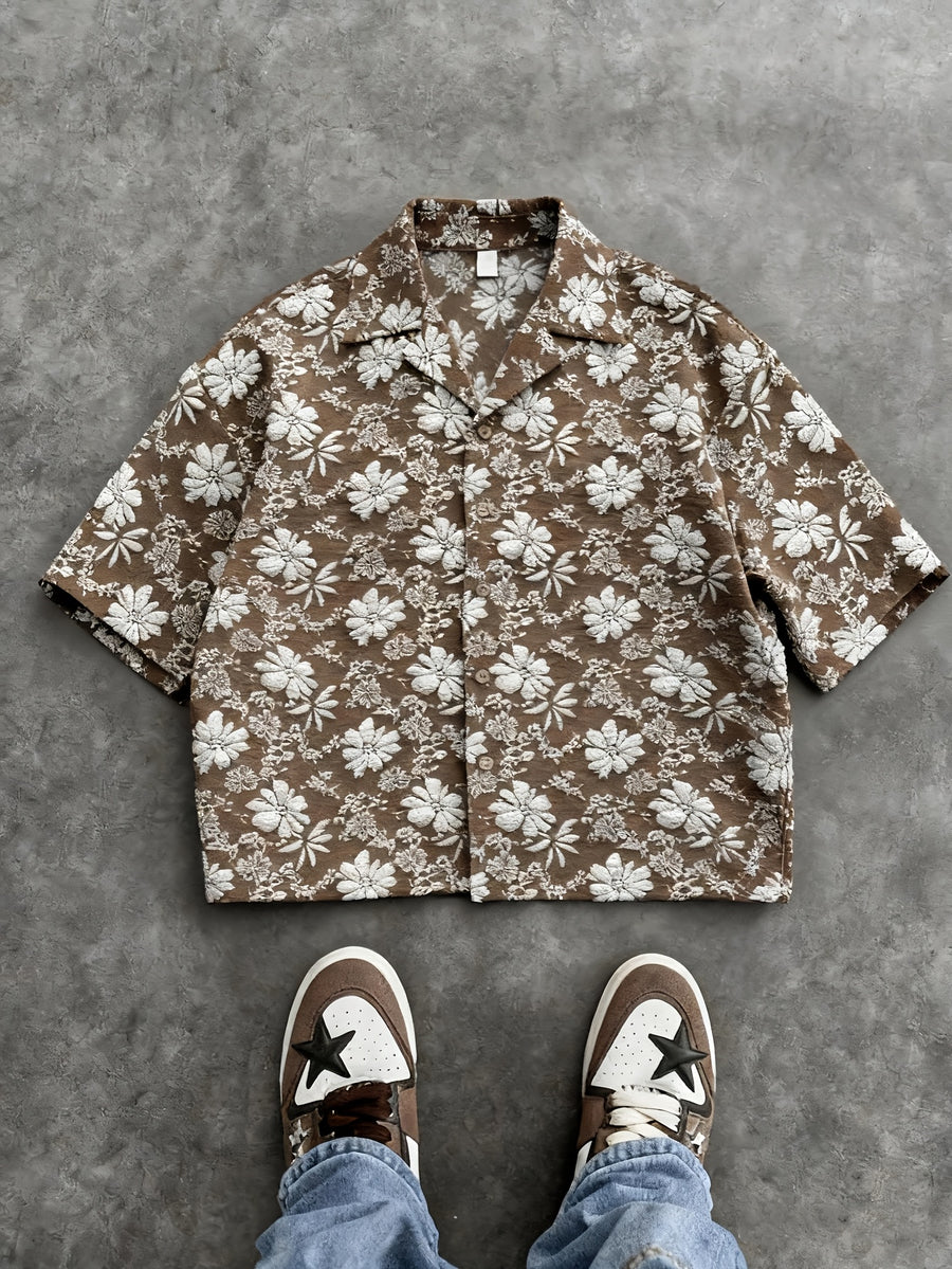 Men'S Fashion New Three-Dimensional Floral Jacquard Fabric Shirt, Full Texture with Rich Layers, Breathable And Light, Not Stuffy. Classic Cuban Collar Design, Summer Lazy And Casual Yet Refined, Daily Commute - Khaki