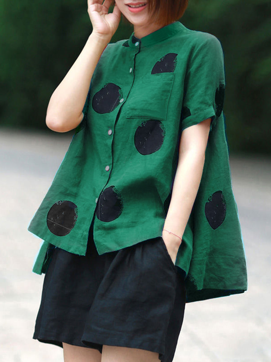 Women'S Vintage Polka Dot Print Shirt - Short Sleeve, Stand Collar, Button-Up Top with Asymmetrical Hem, Black & Orange, Casual Summer Blouse for Adults, Casual Summer Wear | Vintage Style Shirt | Nonstretch Fabric - Dark Green