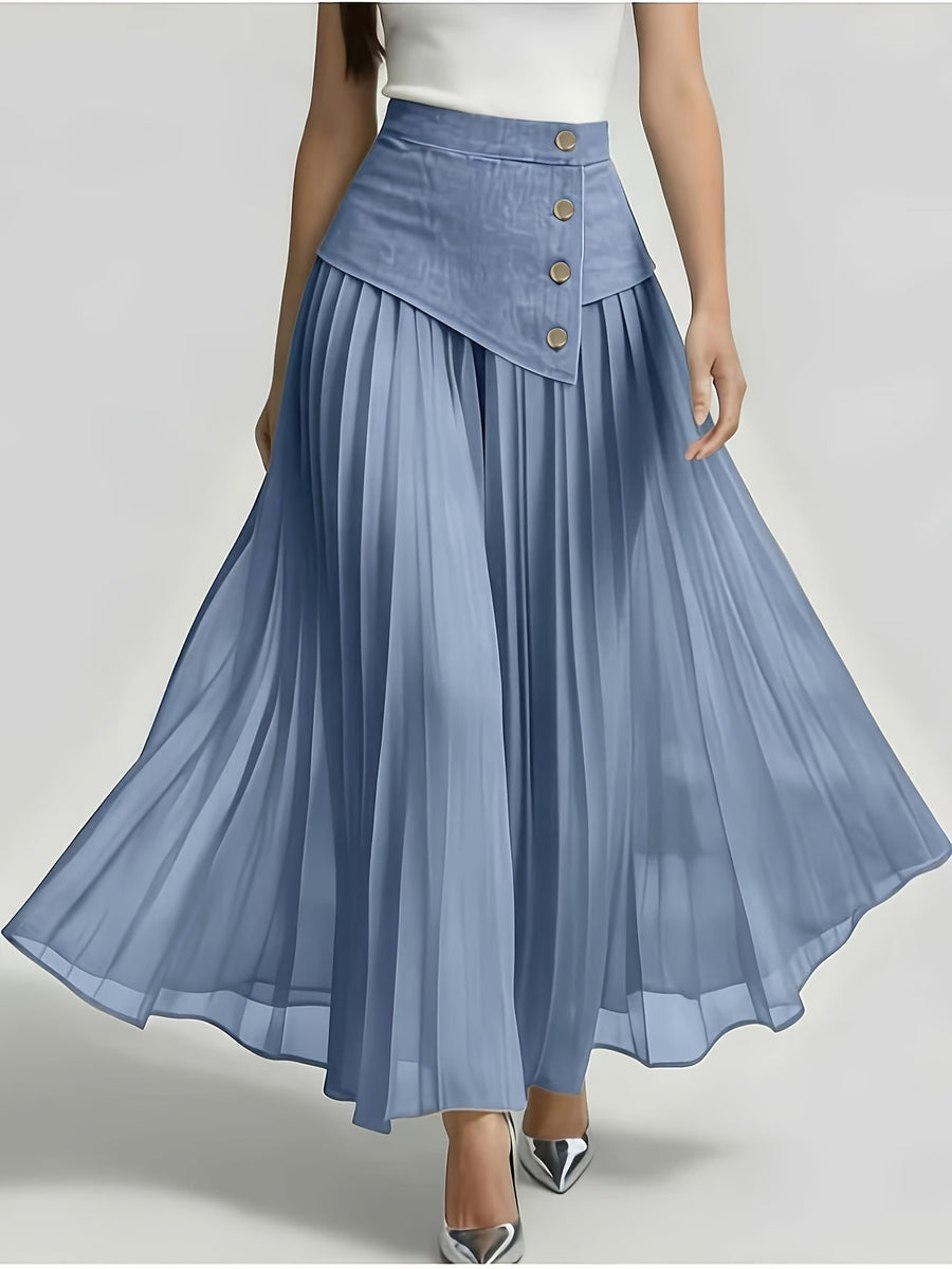 [Printed Skirt - Not Faux Denim Fabric]Temperament Commuter Imitation Faux Denim Patchwork Half Skirt, High-Waist Mesh Pleated Flared Long Dress Spring Summer Versatile Style Kydx - Dark Blue 1