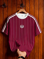 Men's Summer Casual Striped T-Shirt with Contrast Shoulder Stripes & Wheat Ear Shield Print - Breathable Crew Neck Short Sleeve Top, Suitable for Warm Weather, Machine Washable.com-compatible - Deep Red