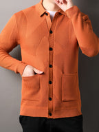 Du Jing Lan OBM Men's Autumn/Winter New Arrival Knitted Cardigan, Old Money Style Solid Color Lapel Pocket Open Front Single-Breasted Knit Cardigan, Men's Business Casual Fashion Open Front Knit Cardigan Top, Suitable for Layering in Spring - Orange