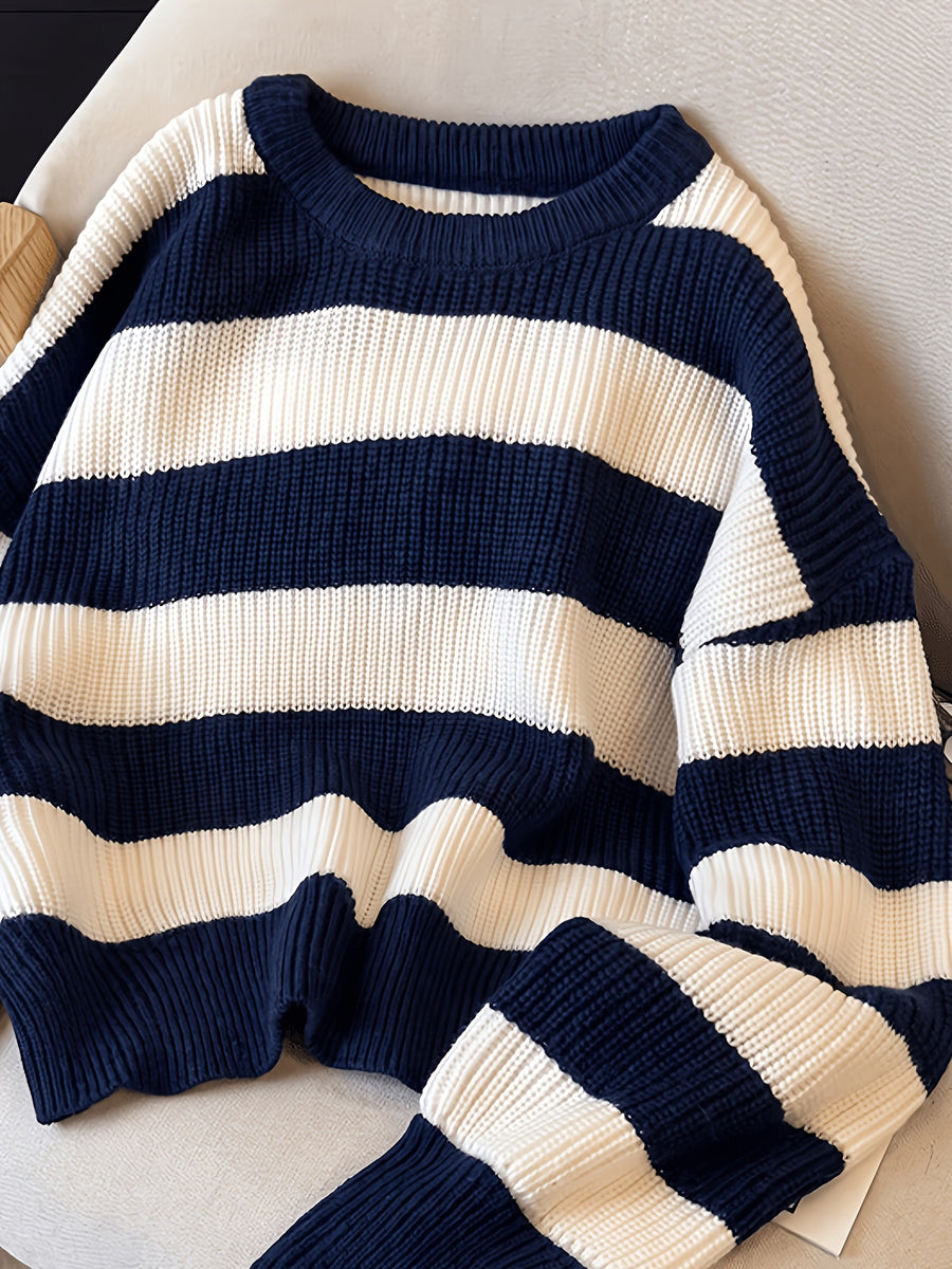 Women'S Spring Autumn Sweater, Color-Block Striped Contrast Round Neck Long Sleeve Top, Loose Casual All-Match Daily Wear - Navy Color