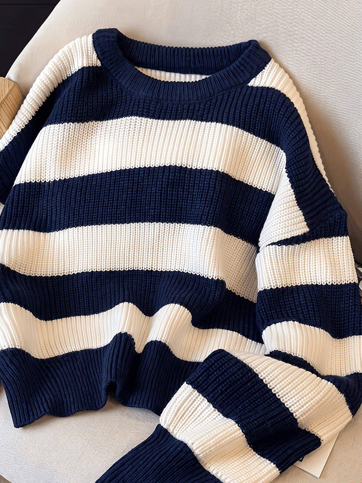 Women'S Spring Autumn Sweater, Color-Block Striped Contrast Round Neck Long Sleeve Top, Loose Casual All-Match Daily Wear - Navy Color