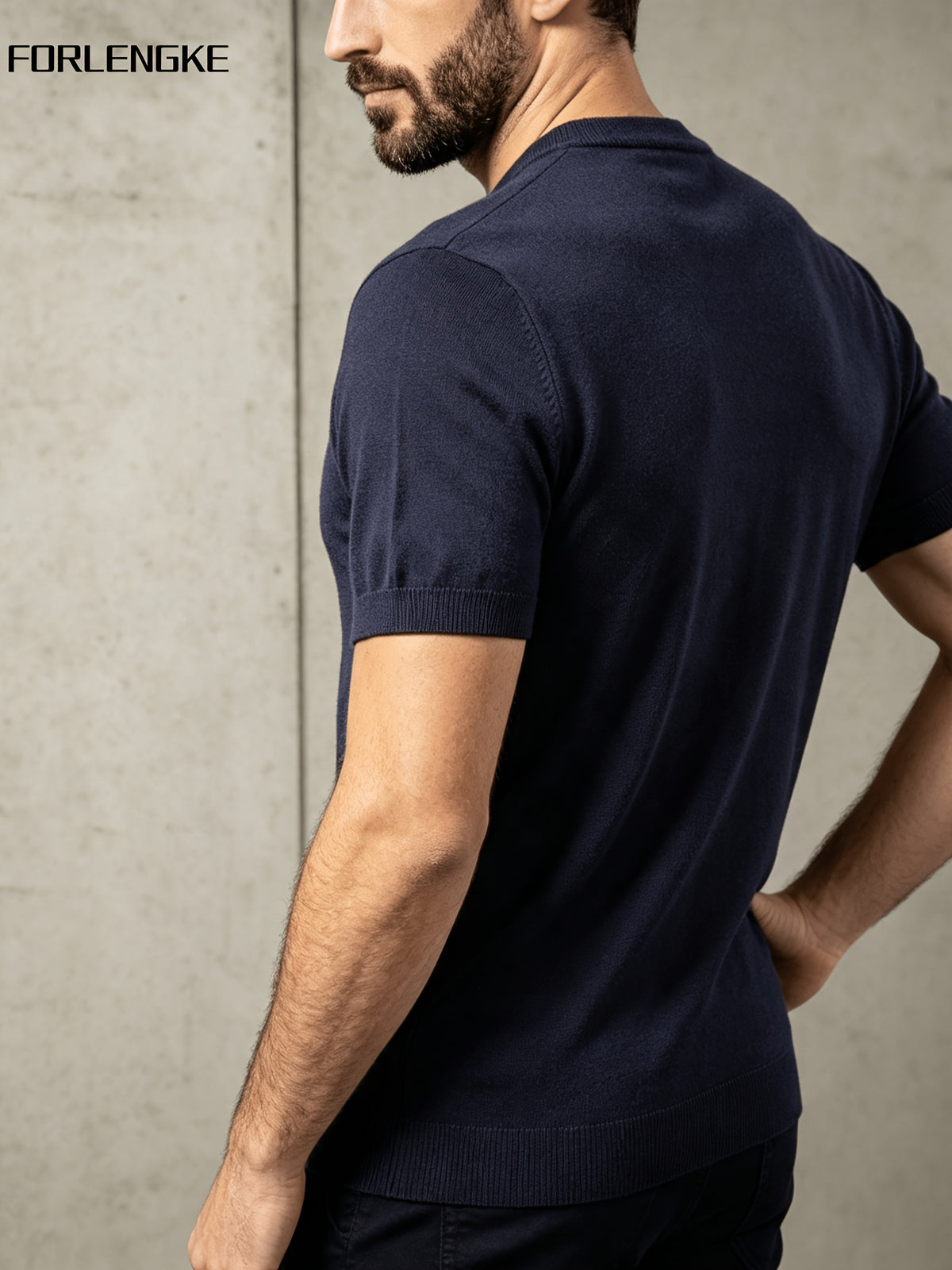 FORLENGKE Men's Summer Henley Neck Knitted Short-Sleeve T-Shirt, Solid Color Vintage Texture, Simple Yet Sophisticated, Summer Minimalist Trendy Versatile Casual Top for Layering or Wearing Alone - Navy Color