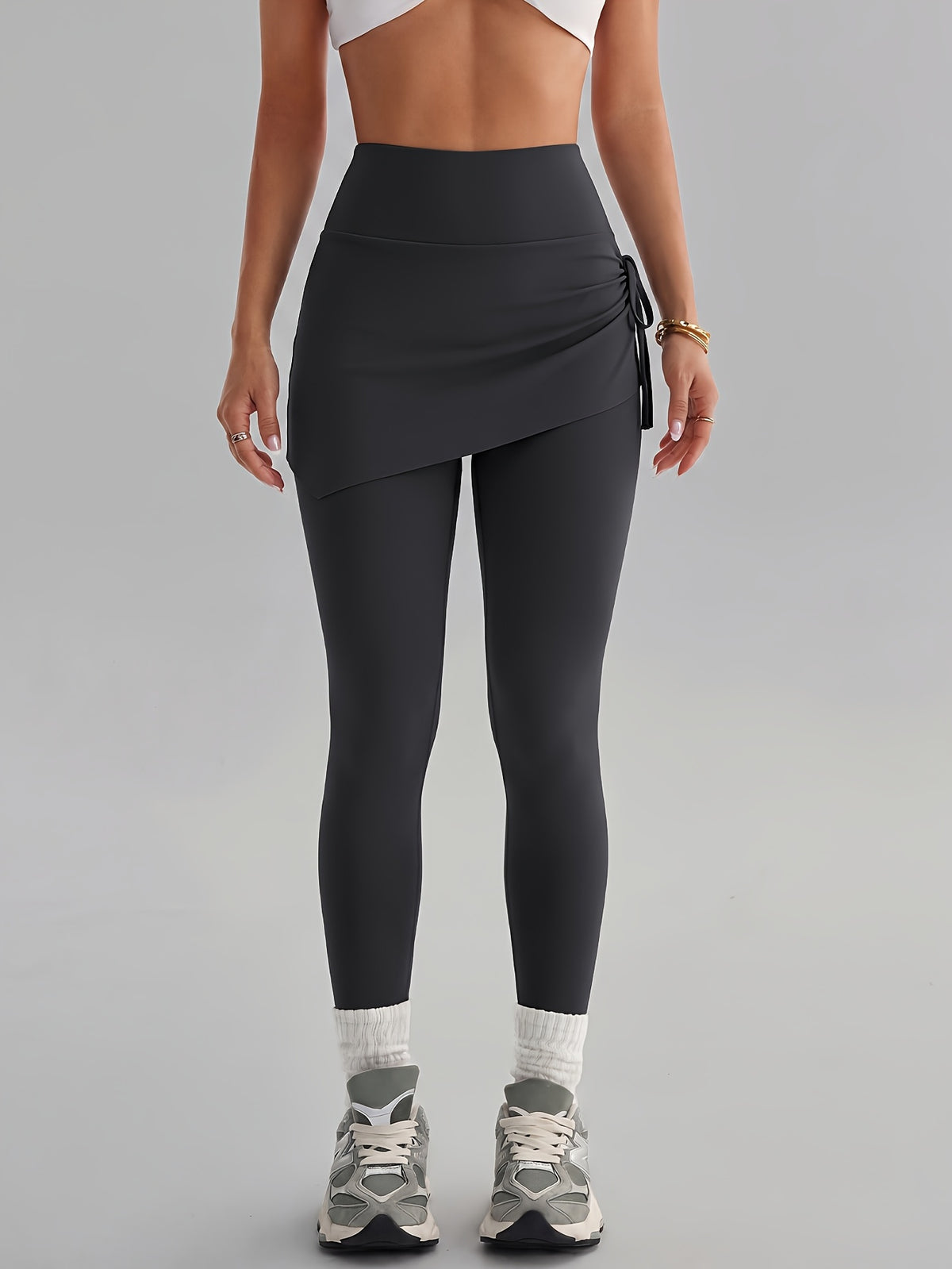 Women'S Faux Two-Piece Pants, Easter New Style Trousers, Tie-String High-Waist Pleated Design, Breathable Comfortable Fabric, Suitable for Cycling, Fitness - Dark Gray