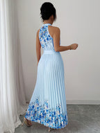 Fashionable New Women'S Summer Halter Floral Print Pleated Dress - Blue