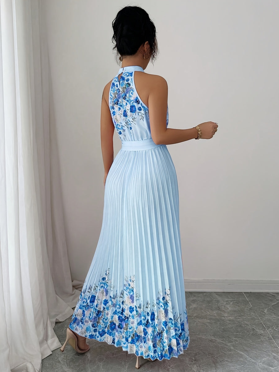 Fashionable New Women'S Summer Halter Floral Print Pleated Dress - Blue