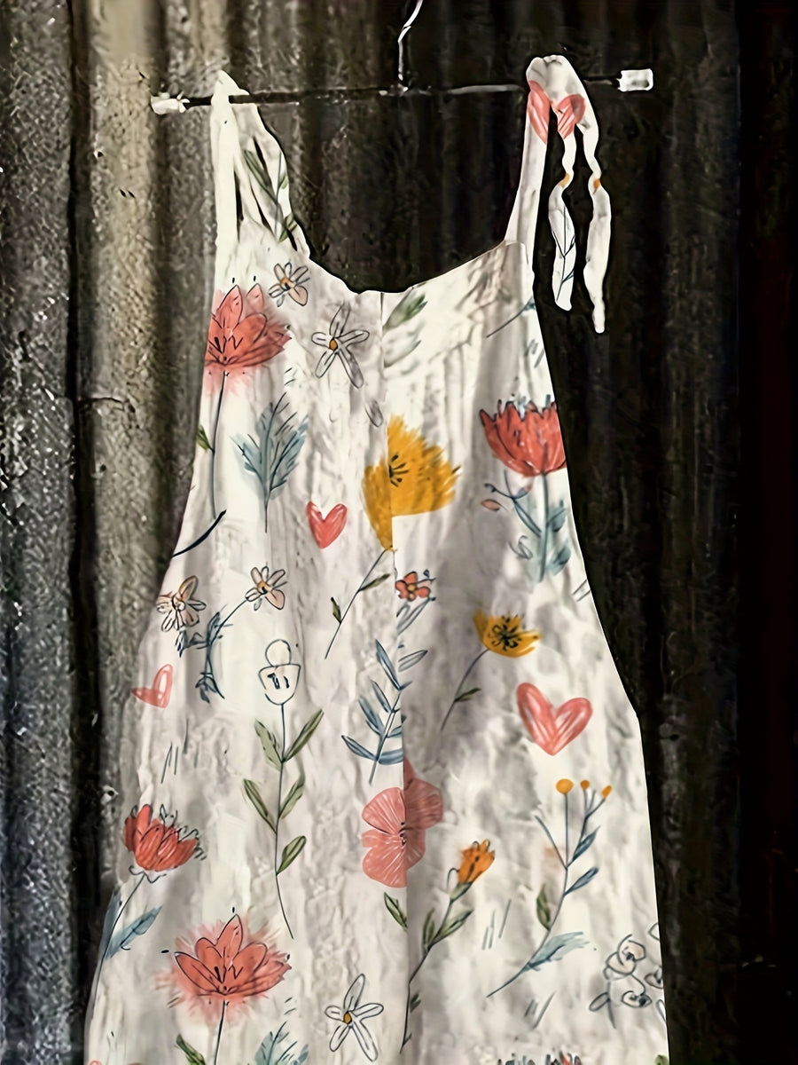 Women's 1pc Suspender Print Casual Loose-Fit Dress with Slant Pockets and Drawstring Suspenders, Suitable for Commuting, Home, Vacation, and Outdoor Wear - Multicolor