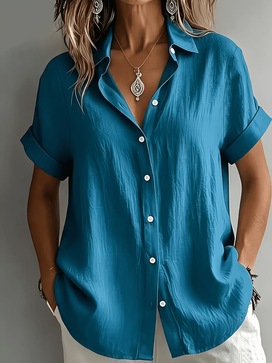 Women's Elegant Vacation-style Short-sleeve Top, Loose and Relaxed Shirt, Commuting Casual Literary Style, Figure-flattering, Daily Temperament Style, Loose and Draping, Breathable and Comfortable - Peacock Blue