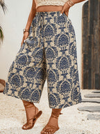 Women's High-Waist Wide-Leg Capri Pants with Elastic Waist & Drawstring - Non- Suitable for Summer Beach, Resort Style Floral Print Trousers, Machine Washable Casual Pants for Vacations, Boardwalks & Casual Attire - Apricot