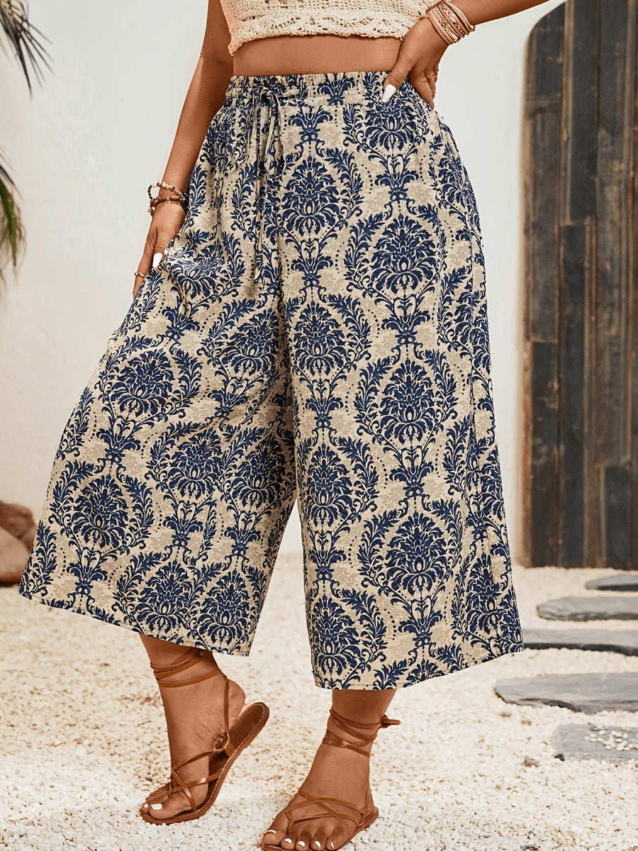 Women's High-Waist Wide-Leg Capri Pants with Elastic Waist & Drawstring - Non- Suitable for Summer Beach, Resort Style Floral Print Trousers, Machine Washable Casual Pants for Vacations, Boardwalks & Casual Attire - Apricot