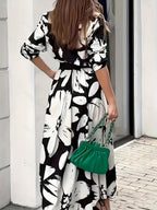 A-line Long-sleeve Button-up Contrast Floral Print Tie-waist Lapel Midi Dress - Mixed colors