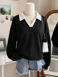 New Arrival with Atmospheric Vibe! V-neck Spliced 2-in-1 Look Polo Collar Casual Sweatshirt, Soft, Skin-Friendly, Loose Fit. Perfect for Street Strolling, Shopping, Dates, and Minimalist Commuting - A Versatile Must-Have Piece - Black And White
