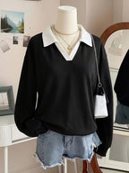 New Arrival with Atmospheric Vibe! V-neck Spliced 2-in-1 Look Polo Collar Casual Sweatshirt, Soft, Skin-Friendly, Loose Fit. Perfect for Street Strolling, Shopping, Dates, and Minimalist Commuting - A Versatile Must-Have Piece - Black And White