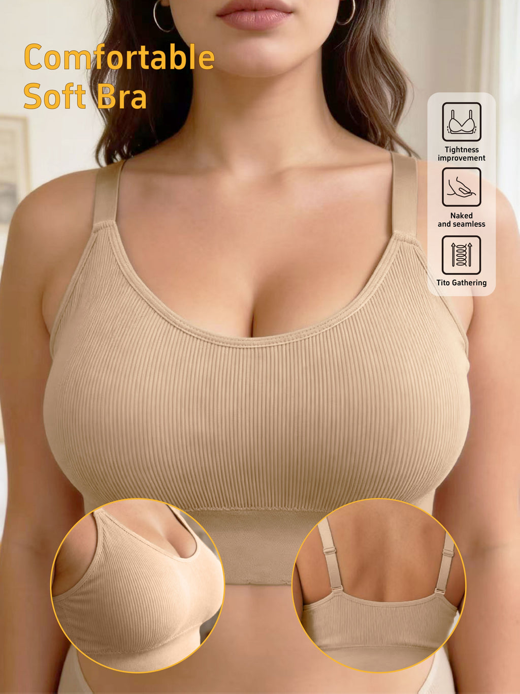 Style Spring Summer Plus Size Home Daily Bra Comfortable Breathable Fabric Adjustable Straps Bra - Apricot