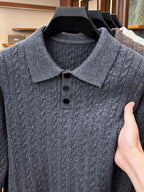 Men's Lapel-neck Autumn/winter Warm Sweater, Classic Cable Knit Texture with Soft, Skin-friendly Fabric, Casual and Fashionable Everyday Knitwear - Dark Gray