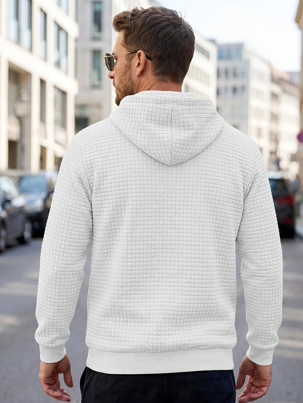 American Style New Men's Casual Pullover Jacquard Sweatshirt, Plaid Hooded Sweatshirt with Large Pocket - White