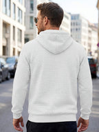 American Style New Men's Casual Pullover Jacquard Sweatshirt, Plaid Hooded Sweatshirt with Large Pocket - White