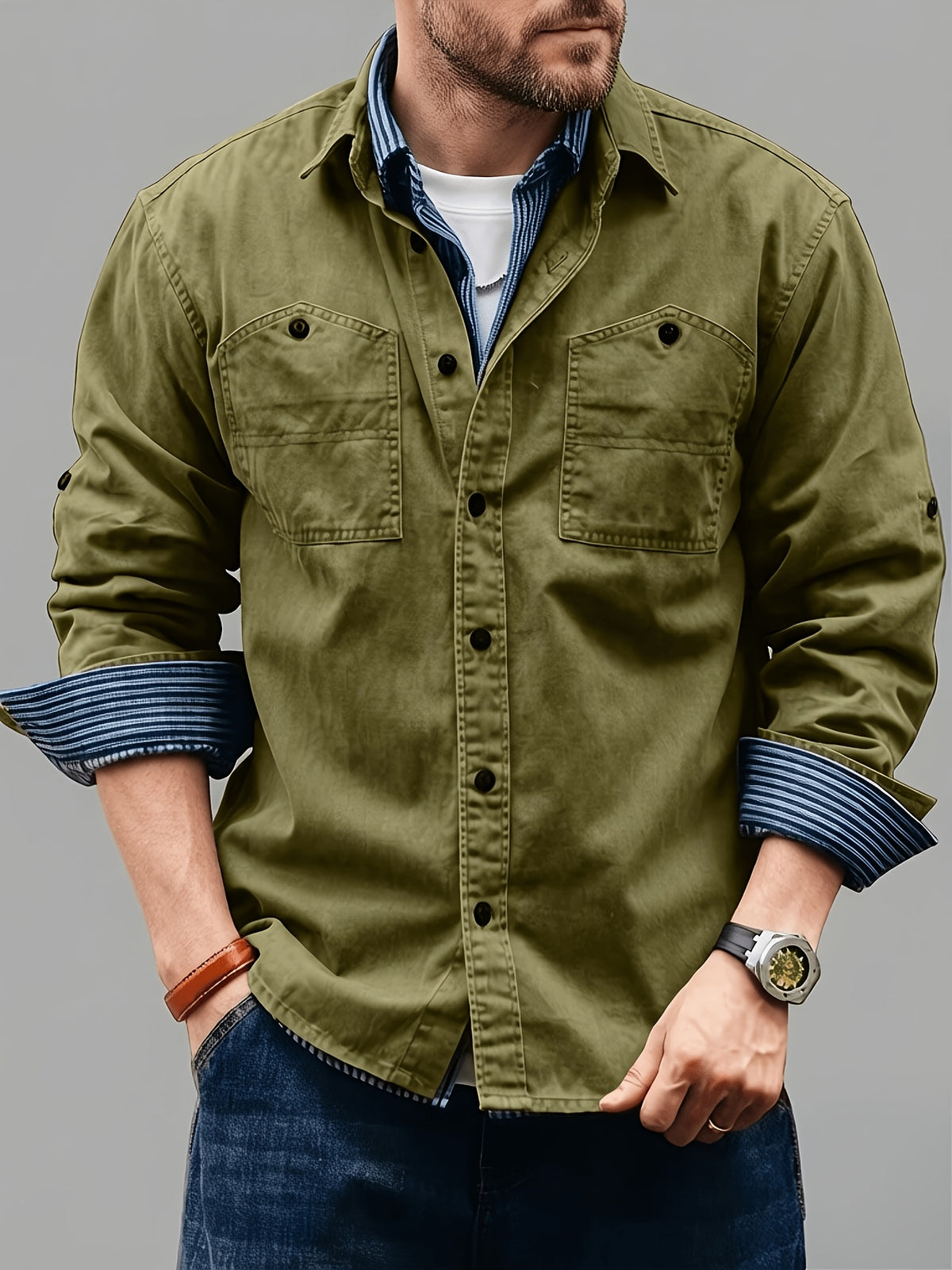 Early Autumn OOTD Retro Workwear Style | Men'S Long Sleeve Lapel Shirt for Spring Autumn, Trendy Layering Casual Shirt Jacket Top - fern green