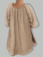 Bohemian Style V-Neck Tie-Up Lace Blouse, Loose Fit Flared Sleeve Breathable Top - Khaki