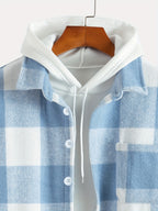 Plaid Shirt Collar Jacket Coat - Light Blue