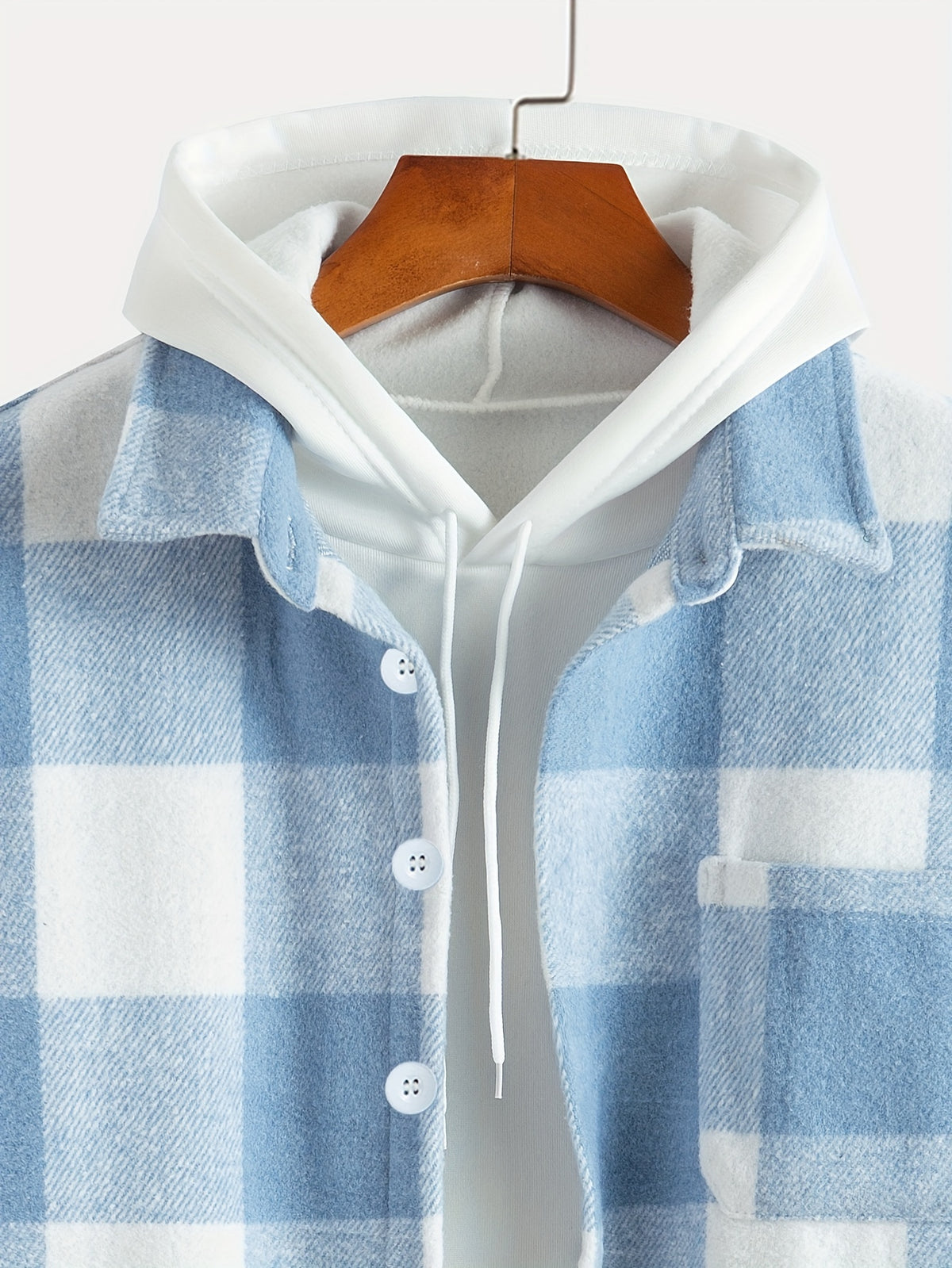 Plaid Shirt Collar Jacket Coat - Light Blue