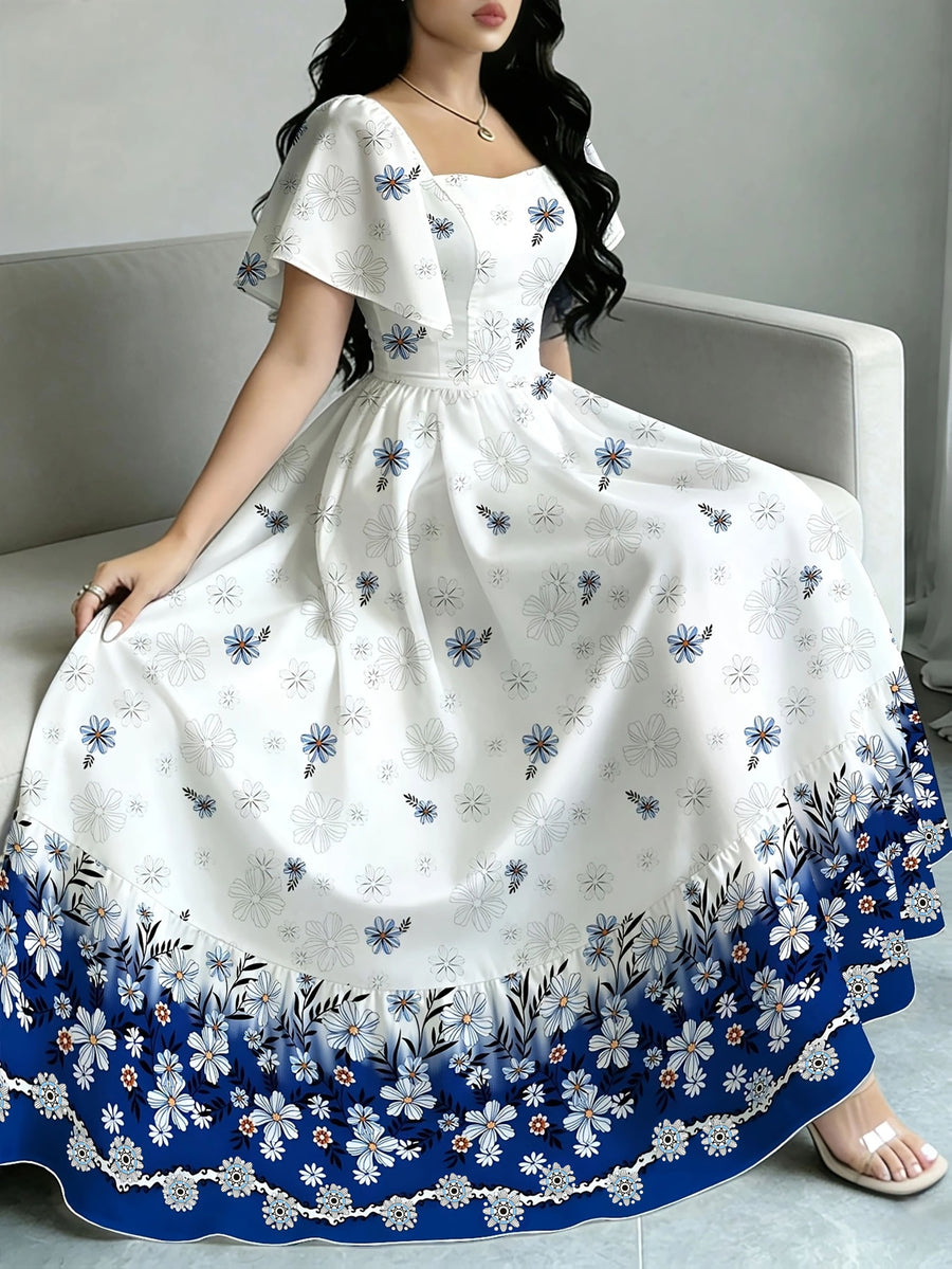 The Summer Floral-Themed Elegant Resort-Style Dress Features a Butterfly Wing Print Design, a Square Neckline And Short Sleeves, Is Equipped with a Waist-Cinching Design, And Has a Moderate Length - White