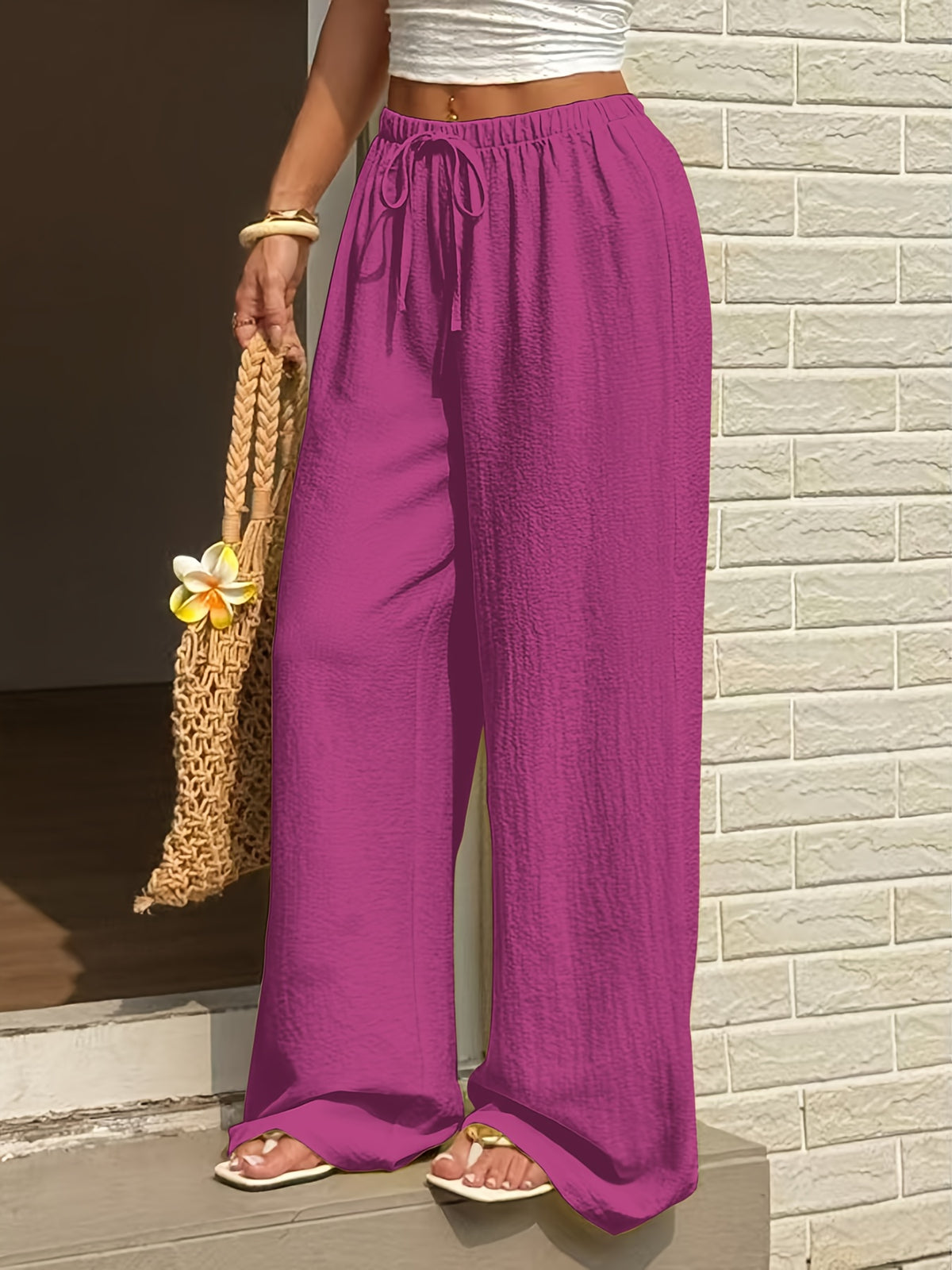 Solid Color Wide-Leg Pants, Breathable Thin Straight-Leg Casual Trousers, Loose-Fitting Women's Pants (with Text) - Fuchsia