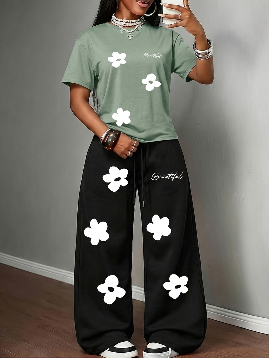 Spring/Summer New Set: 2pcs Outfit Featuring Hand-drawn Floral Print, Multi-color Round-neck Short-sleeve Top and Loose-fit Drawstring Straight-leg Pants. A Fashionable Y2K Streetwear Style with Hip-hop Y Vibes, Perfect for Summer Streetwear - Green+Black