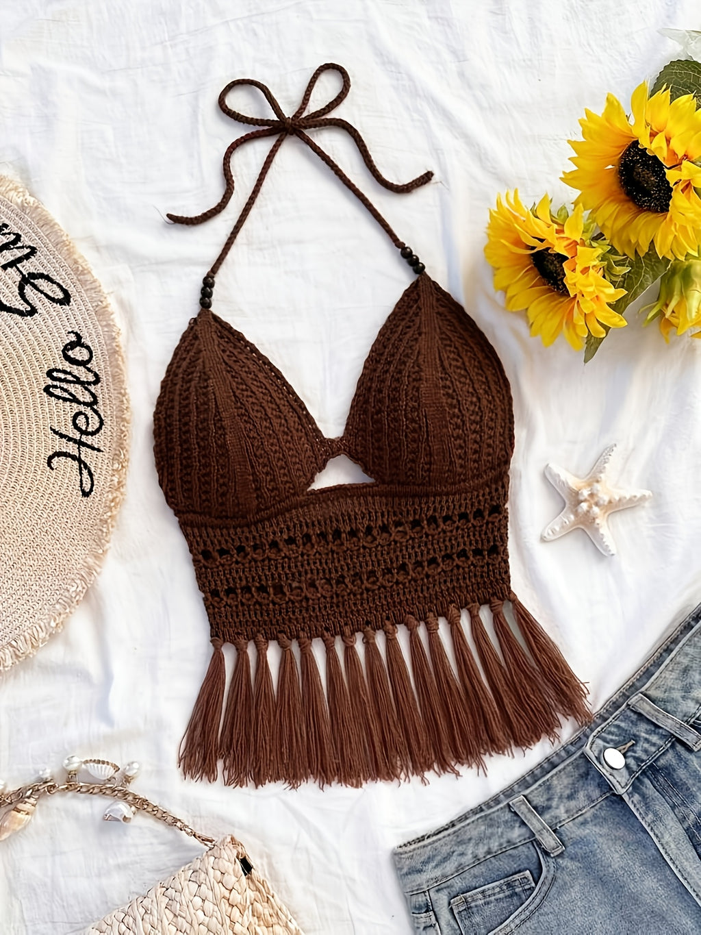 Spring Summer New Women'S Vacation Style Crochet Halter Top Solid Color Tassel Trim Hollow Out Beach Top, Bohemian Style, Date Outing, Valentine'S Day Gift, Music Festival Outfit, Mother'S Day, Beach Vacation [ASD1] - Coffee Brown