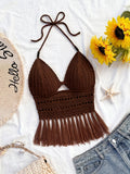 Spring Summer New Women'S Vacation Style Crochet Halter Top Solid Color Tassel Trim Hollow Out Beach Top, Bohemian Style, Date Outing, Valentine'S Day Gift, Music Festival Outfit, Mother'S Day, Beach Vacation [ASD1] - Coffee Brown
