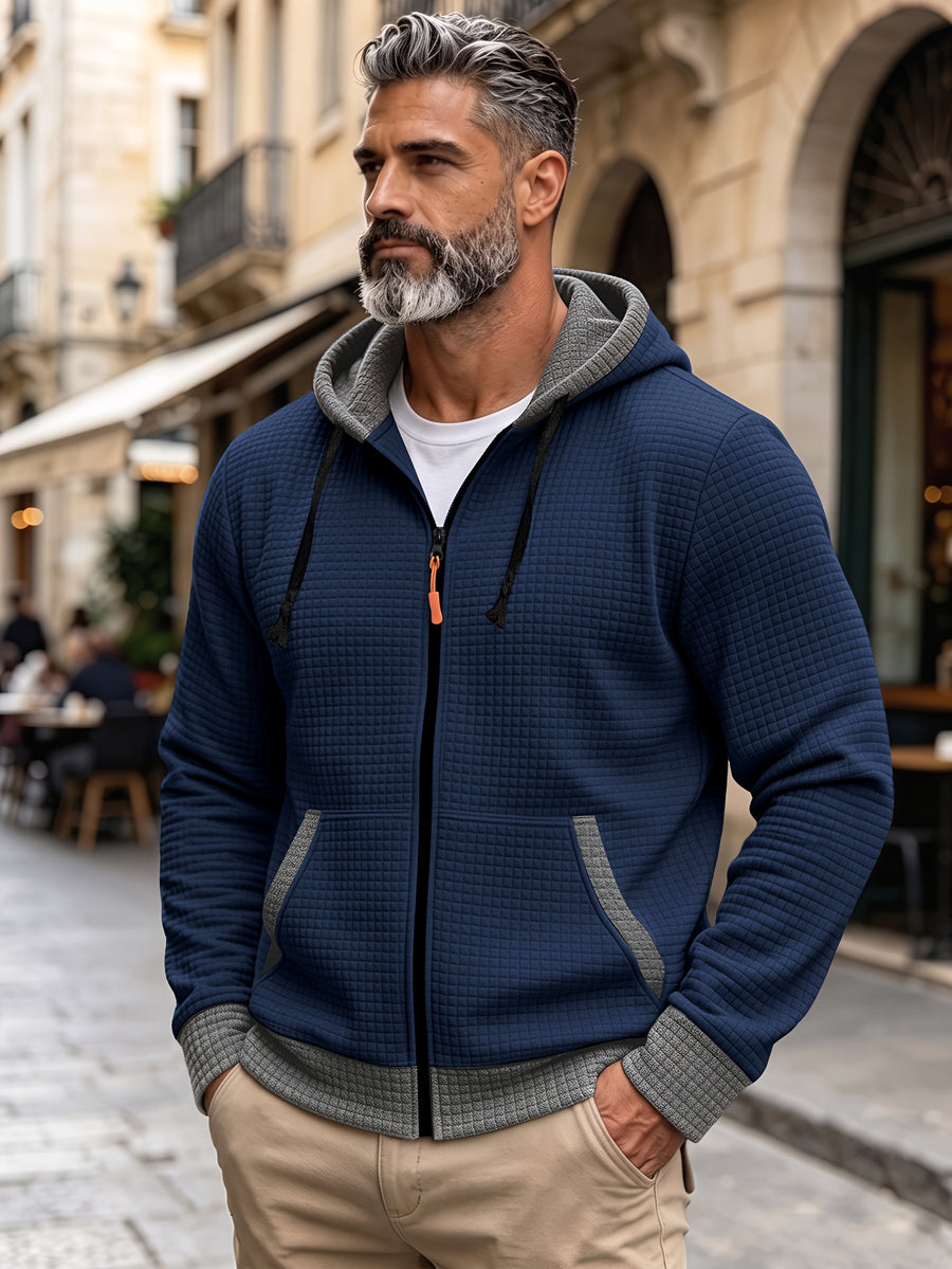 Autumn Winter Men'S Thick Jacquard Long Sleeve Cardigan Hooded Jacket Coat, Fashionable Checkered Jacquard Texture Fabric Comfortable, Suitable for Daily Outings, Outdoor Sports, Travel, And Vacation, Lightweight Comfortable Regular Fit - Navy Color