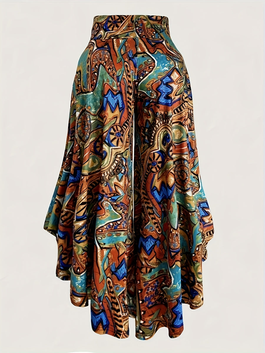 High-Waisted Paisley Print Casual Wide-Leg Pants for Women in Spring And Summer, Featuring Asymmetrical Ruffled Hems And an Elastic Waistband for a Relaxed Fit - Bronze