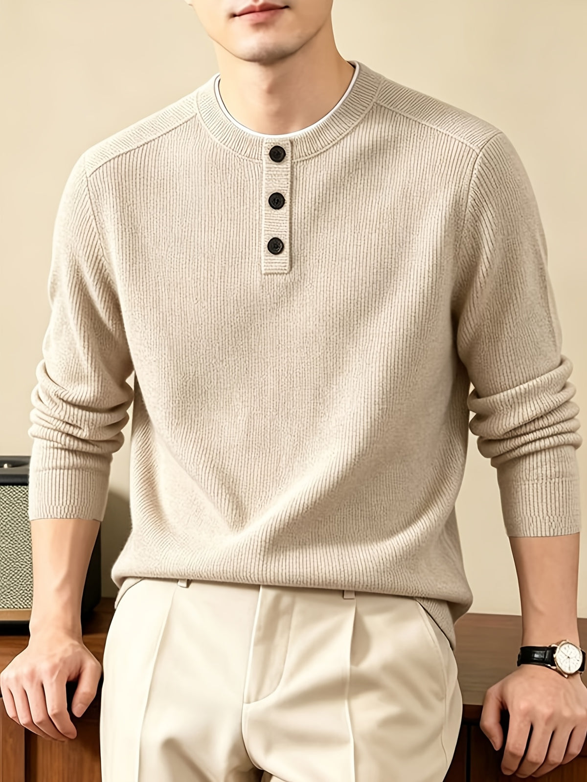 Men'S Henley Collar Knit Pullover Sweater, Half-Button Placket Design, Contrast Edge Trim Neckline Casual Easy Knit Top - Light Khaki
