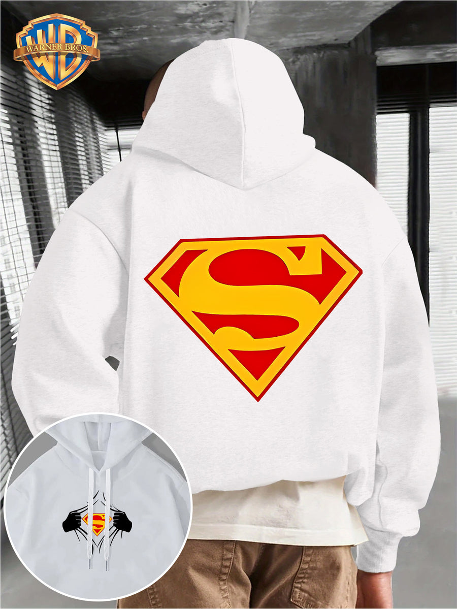 WB Men's Superman 'S' Logo Hooded - Iconic WB Logo & Superman Emblem Print Hoodie, Loose-Fit Casual Pullover with Hood, Fall/Winter Warmth, Machine Washable Suitable for Fall/Winter Warmth, Iconic Superman - White