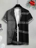 [Print Design – Not Textured/Embroidery/Sequins/Flat Print T-Shirt, No Additions/White Sheer] Imitation Faux Denim Patch Black Block Contrast Style Men'S Casual Shirt, Summer Bold Contrast Patchwork - Mixed Color 1