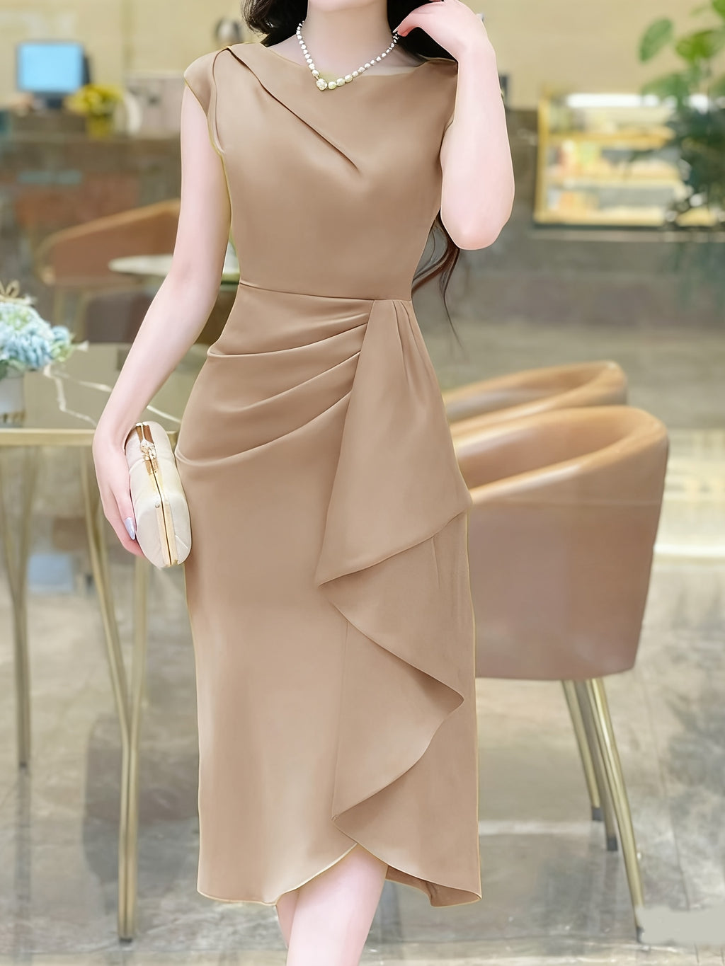 Spring-Summer Pleated Asymmetrical Elegant Design Women's Dress Gown - Khaki
