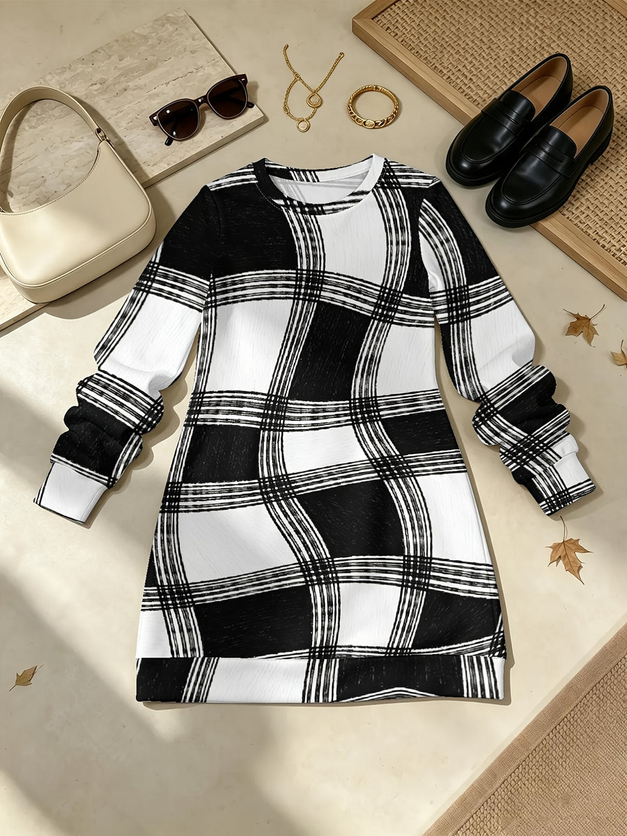 Black And White Plaid Women'S All-Over Print Long Sleeve Dress, Slight Stretch Crew Neck A-Line Straight Hem, Versatile for Commute, Home & Dating - Multicolor