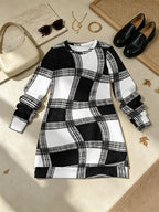 Black And White Plaid Women'S All-Over Print Long Sleeve Dress, Slight Stretch Crew Neck A-Line Straight Hem, Versatile for Commute, Home & Dating - Multicolor