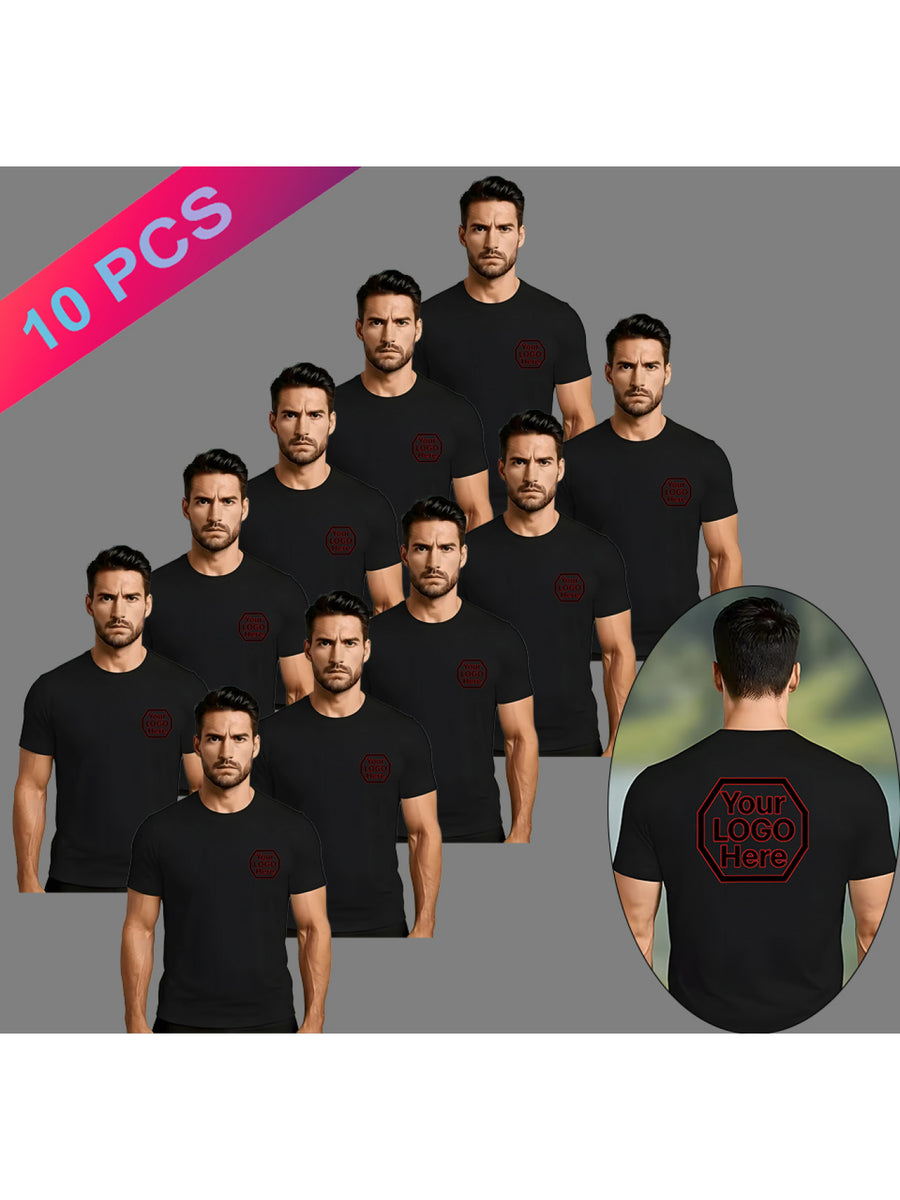 Custom Logo Printing Custom Cultural Shirt Commemorative Shirt, Men'S Fashion Casual Quick-Dry T-Shirt Short Sleeve Four Seasons Base Shirt Ten-Piece Set, Front And Rear Point Custom Printing Left Chest Small Printing Back Large Printing - Black